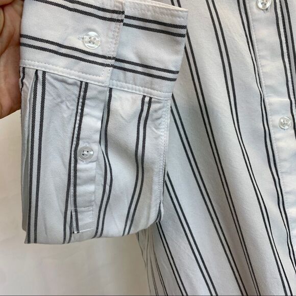TAHARI white black pinstripe button-down long sleeve shirt size large - Picture 5 of 11